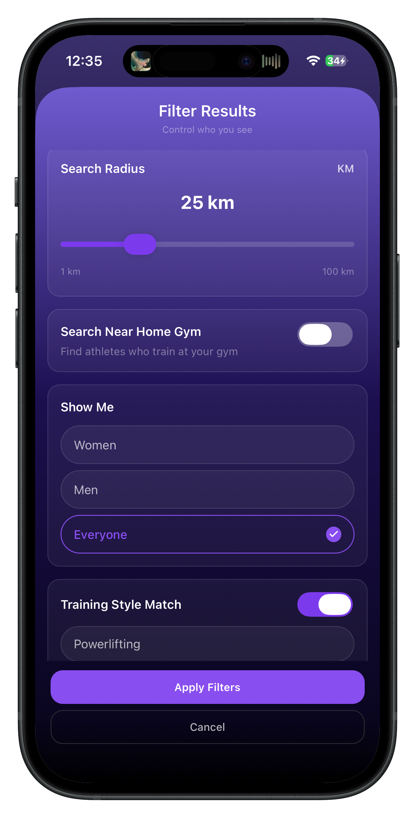 Discovery filters for distance, gym, and training preferences in Heda