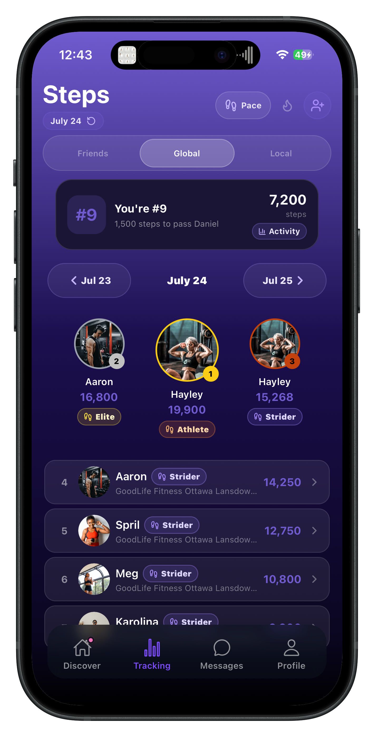 Heda's daily steps leaderboard with rankings and progress